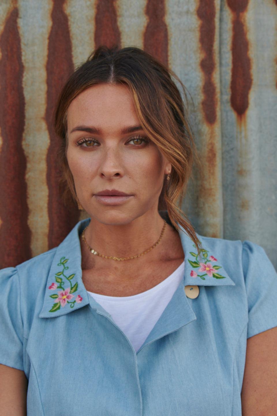 Delilah Short Sleeve Jacket ~ Embroidered Stone Wash Denim-Jacket-Harla