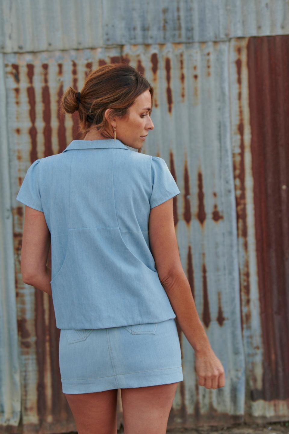 Delilah Short Sleeve Jacket ~ Embroidered Stone Wash Denim-Jacket-Harla