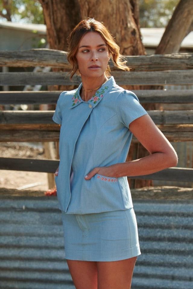 Delilah Short Sleeve Jacket ~ Embroidered Stone Wash Denim-Jacket-Harla