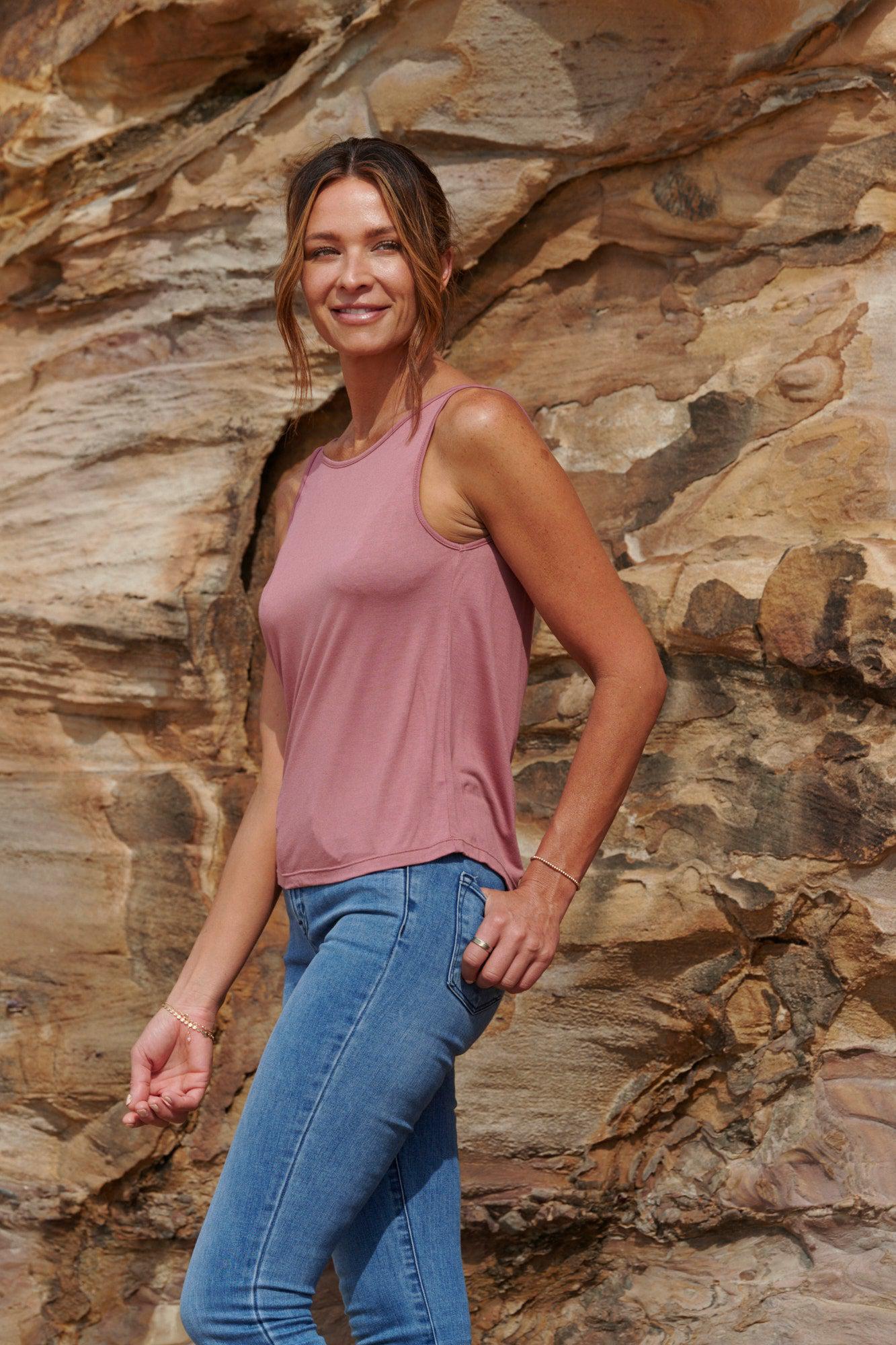 Grace 100% Bamboo Singlet ~ Rich Coral-Top-Harla