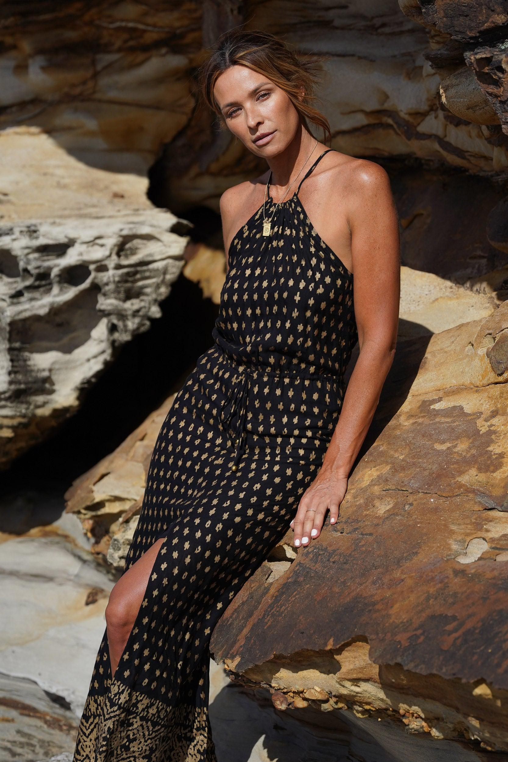 Lyla Drawstring Halterneck Dress ~ Black & Metallic Gold-Dress-Harla