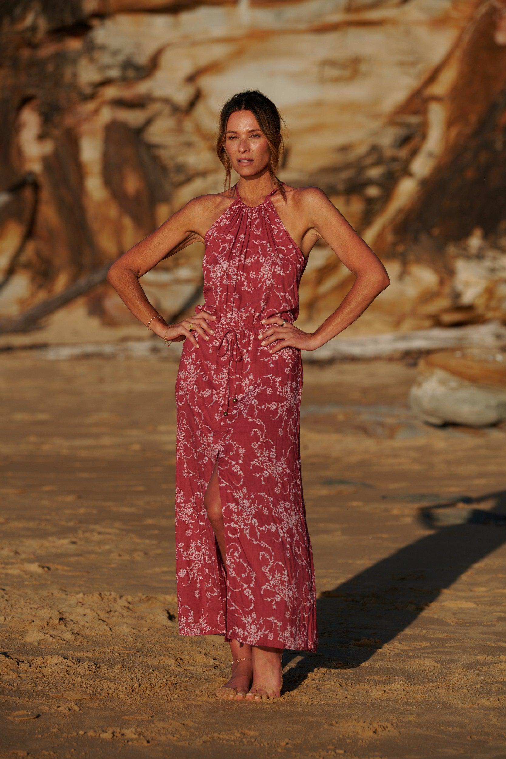 Lyla Drawstring Halterneck Dress ~ Rich Red-Dress-Harla