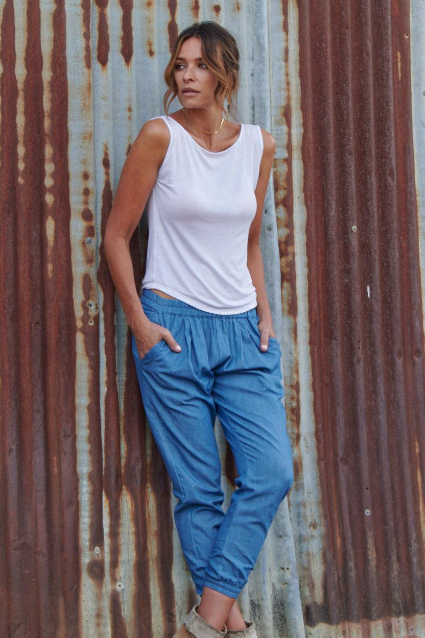 Ruby 100% Cotton Trousers ~ Chambray-Trousers-Harla