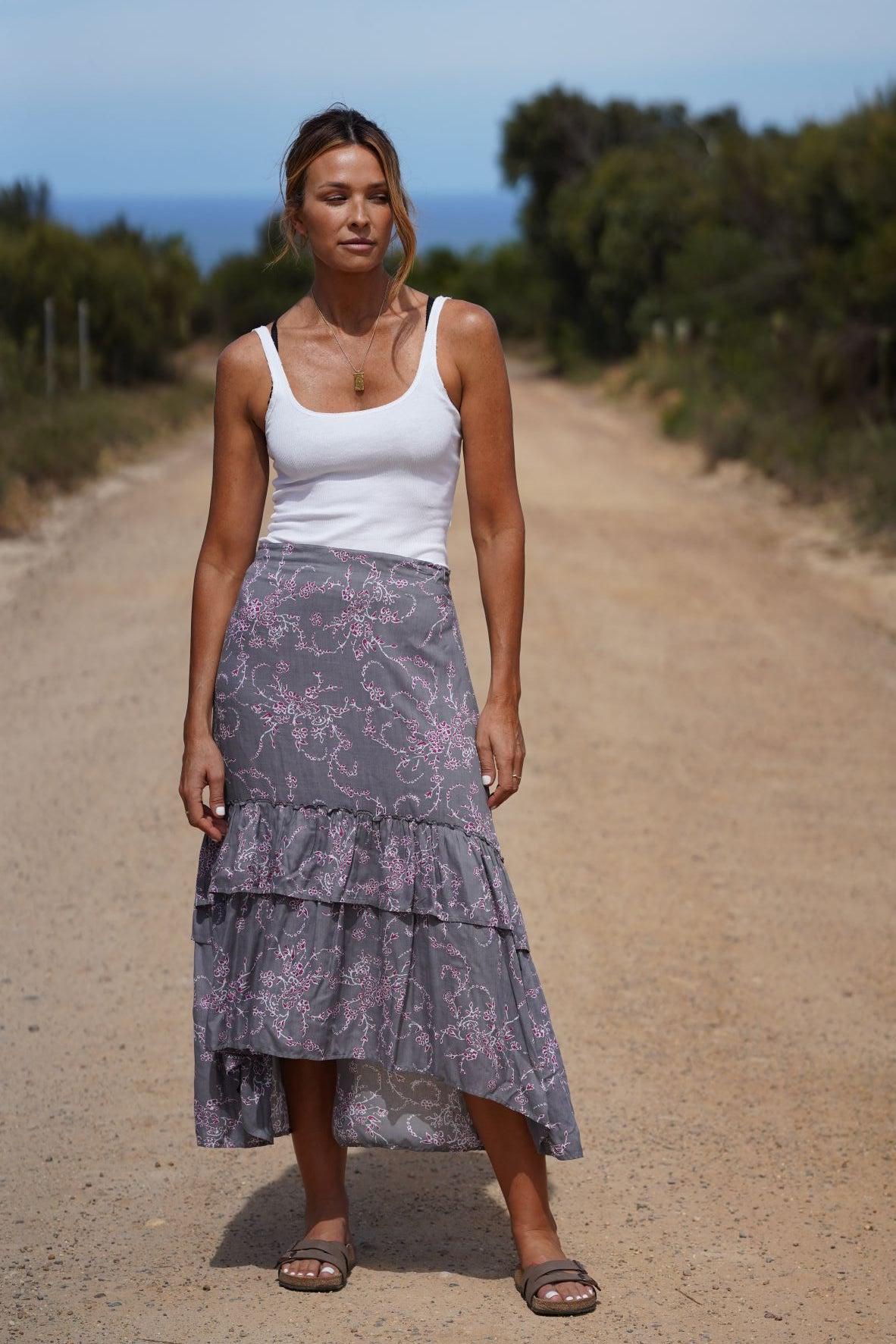 Zoe Layered Maxi Skirt ~ Charcoal and Magenta