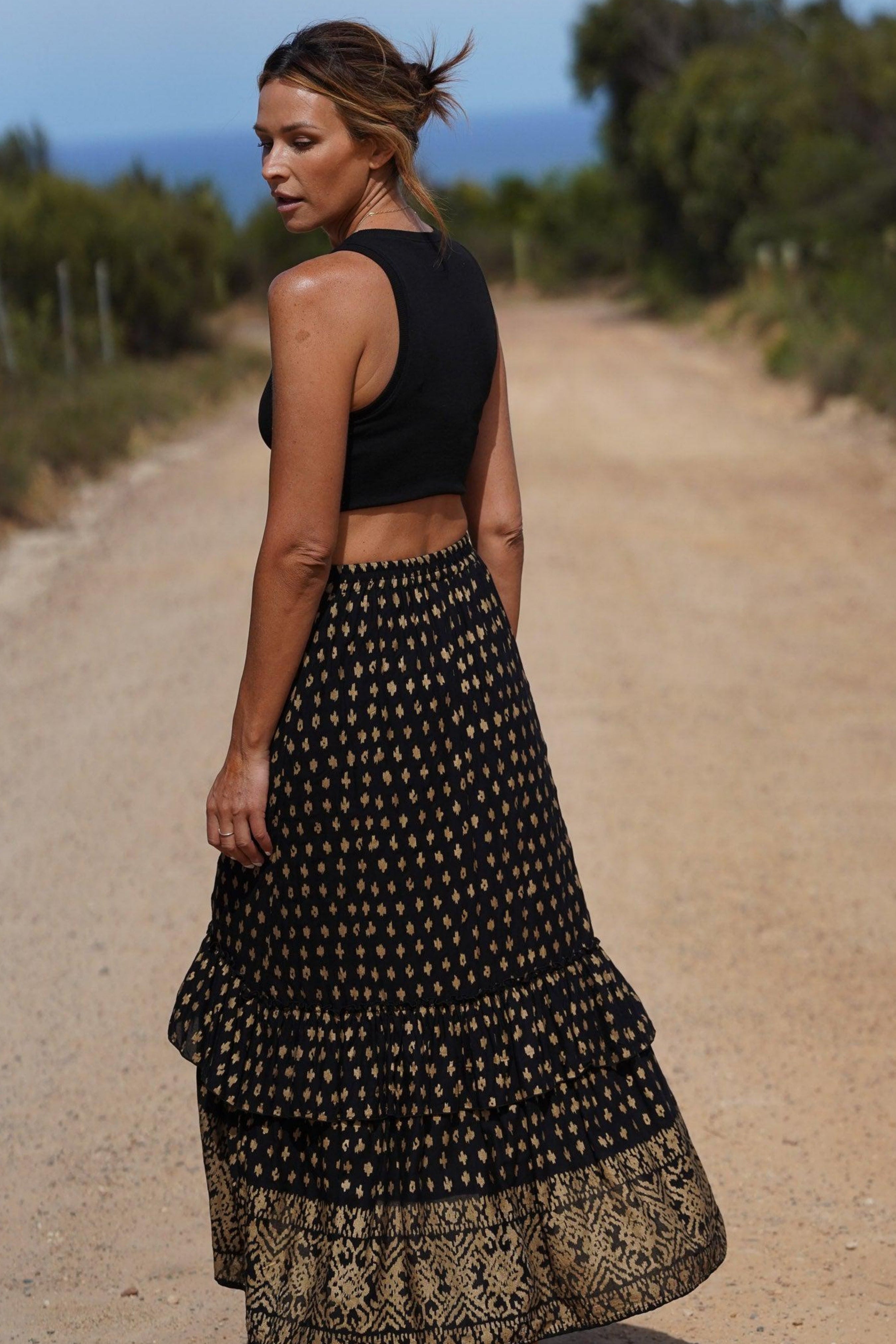 Zoe Layered Maxi Skirt ~ Black & Metallic Gold-Skirt-Harla