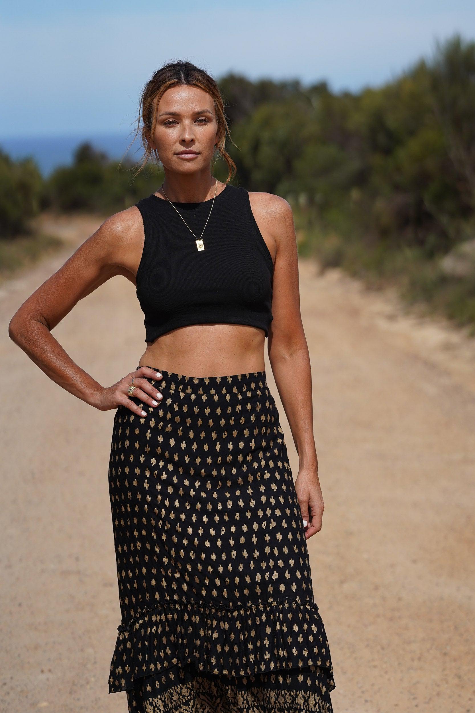 Zoe Layered Maxi Skirt ~ Black & Metallic Gold-Skirt-Harla