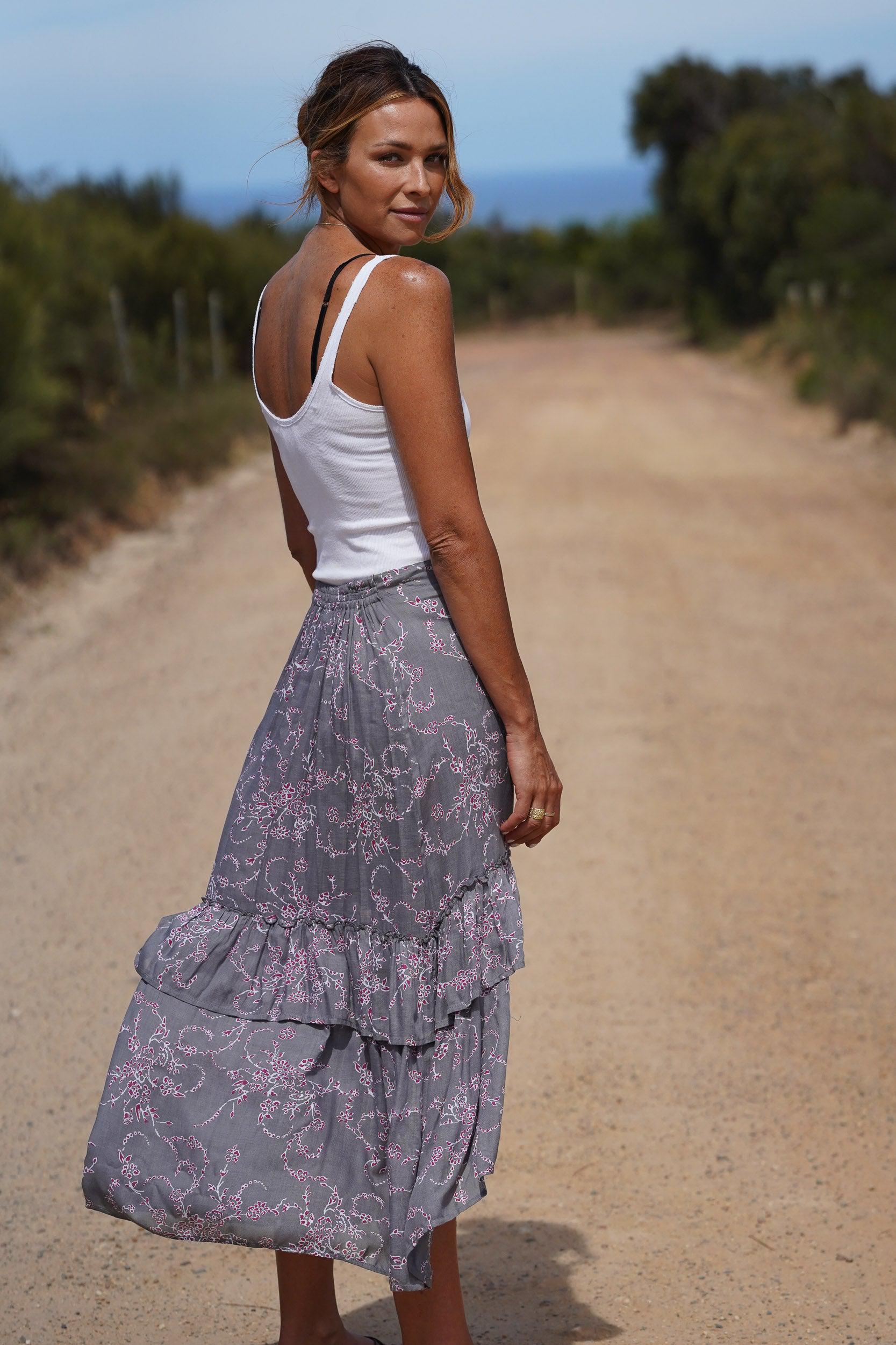 Zoe Layered Maxi Skirt ~ Charcoal and Magenta-Skirt-Harla