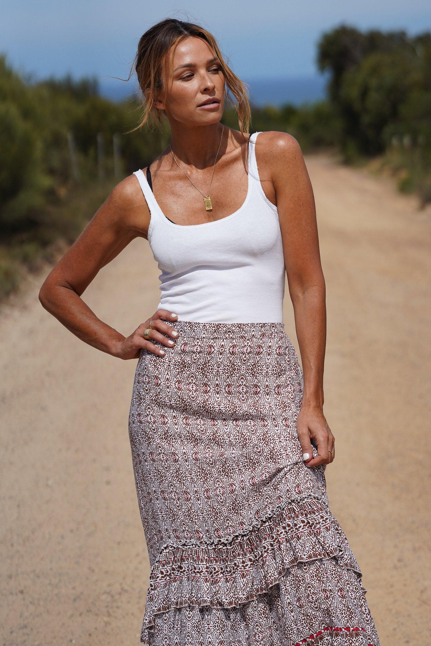 Zoe Layered Maxi Skirt ~ White and Amber-Skirt-Harla