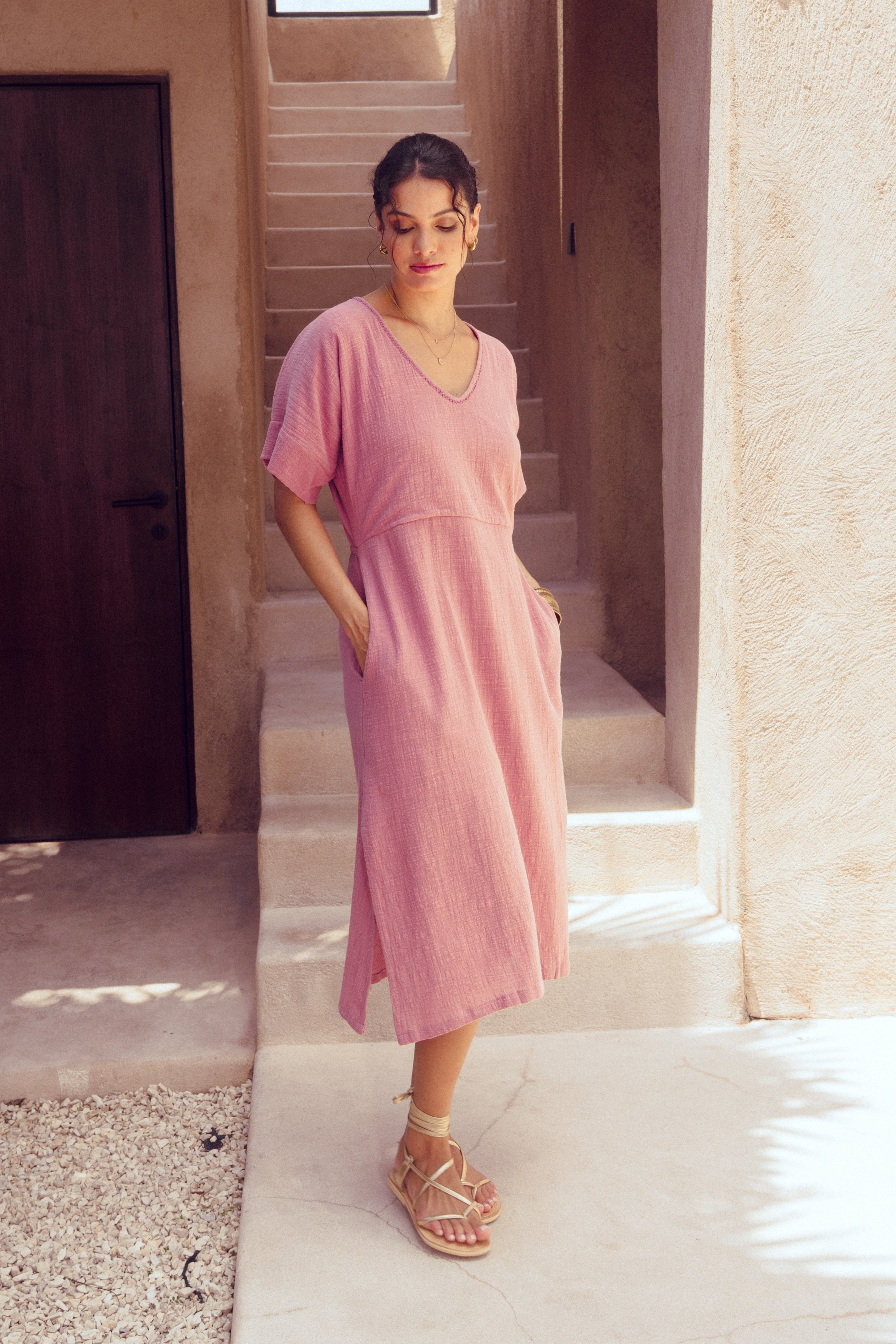 Harla 100% pink cotton muslin kaftan dress