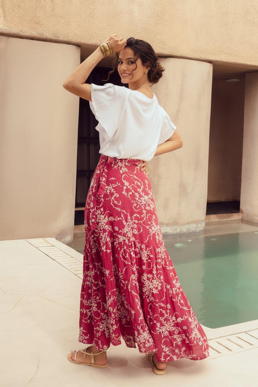 Harla red floral maxi wrap skirt with white bell sleeve blouse