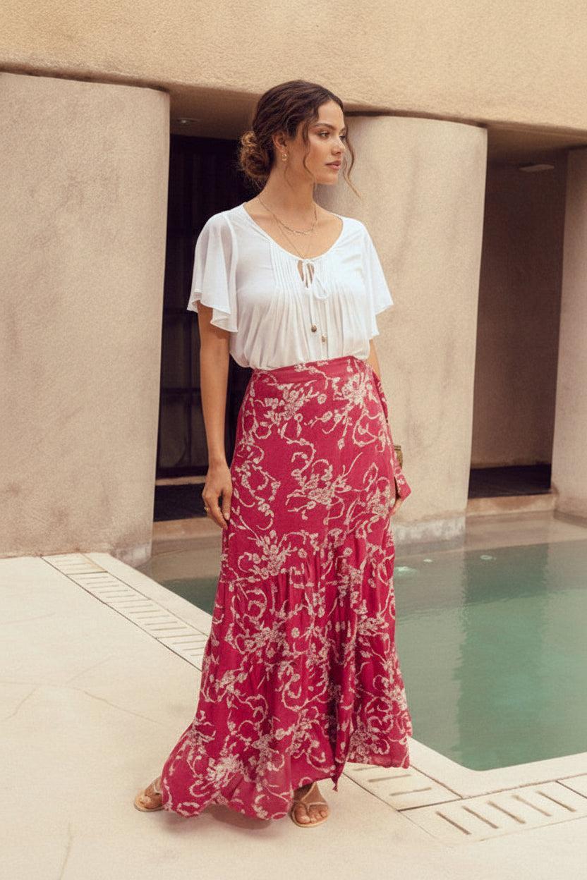 Harla red floral maxi wrap skirt with white bell sleeve blouse