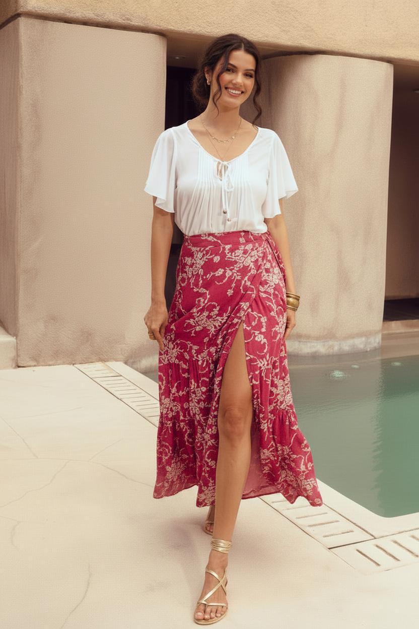 Brooklyn Wrap Skirt ~ Red Floral