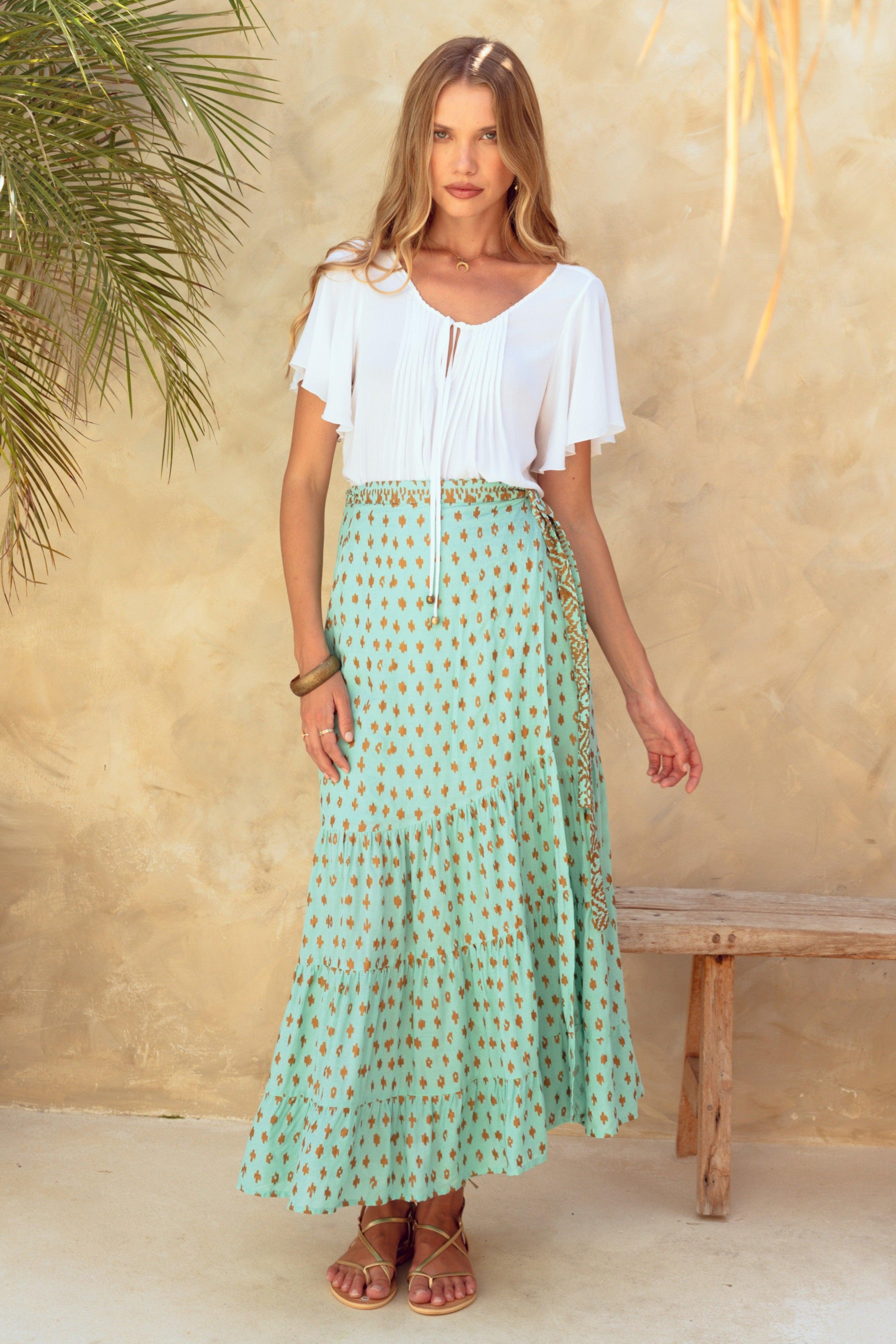Hara jade and shimmering gold print maxi wrap skirt