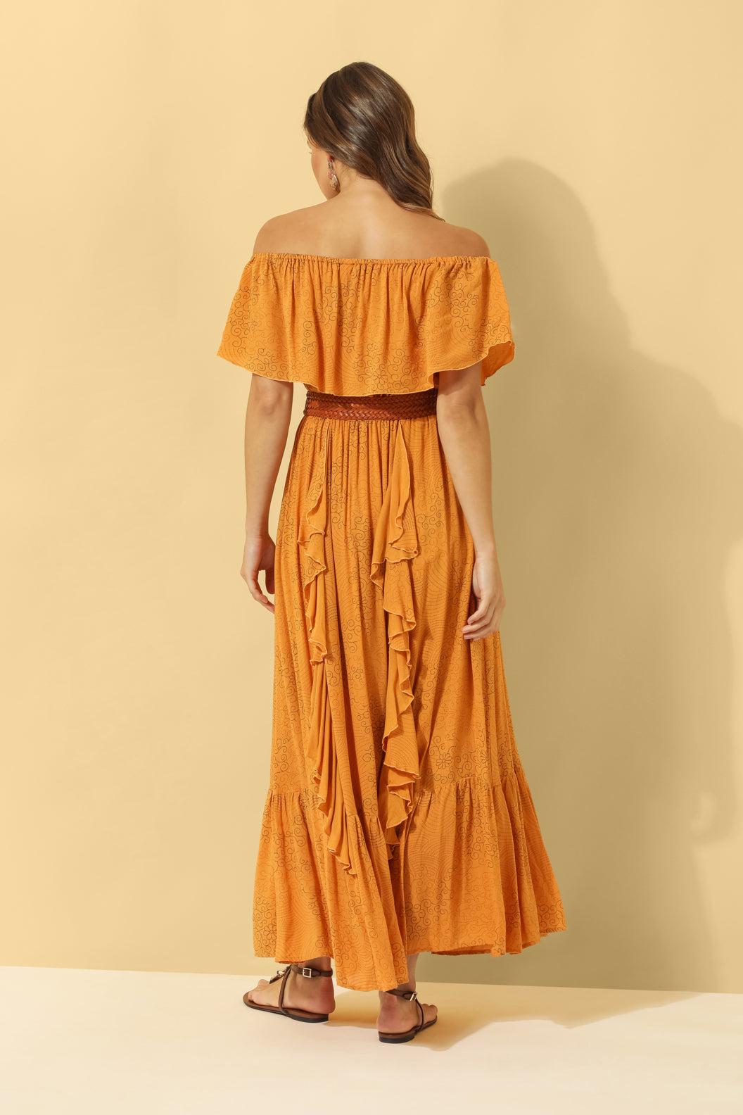 Carmen Frill Maxi Dress ~ Burnt Orange