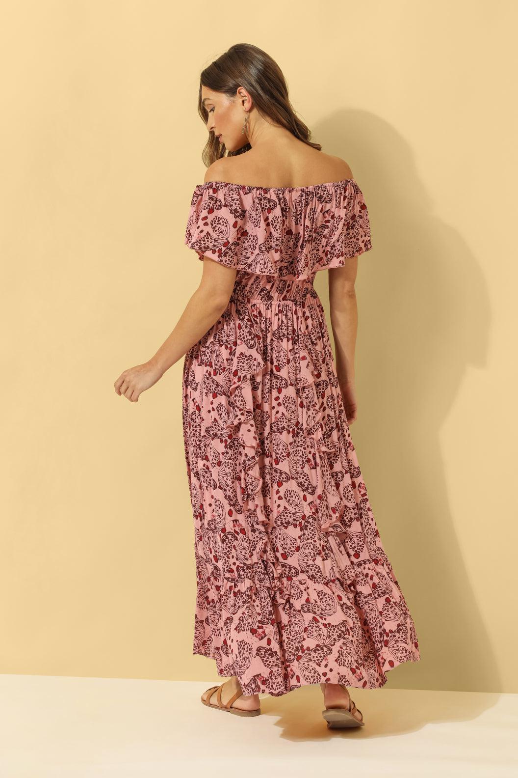 Carmen Frill Maxi Dress ~ Dusty Pink Butterfly