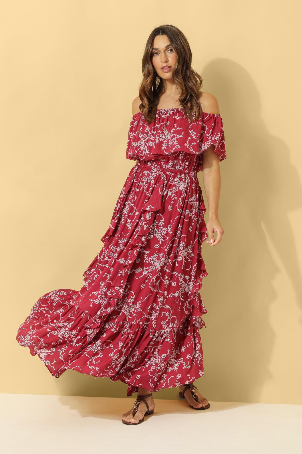 Carmen Frill Maxi Dress ~ Rich Red Floral