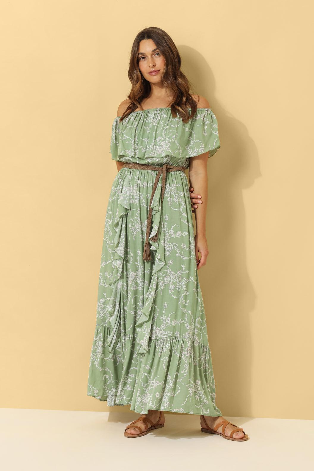 Carmen Frill Maxi Dress ~ Sage Floral
