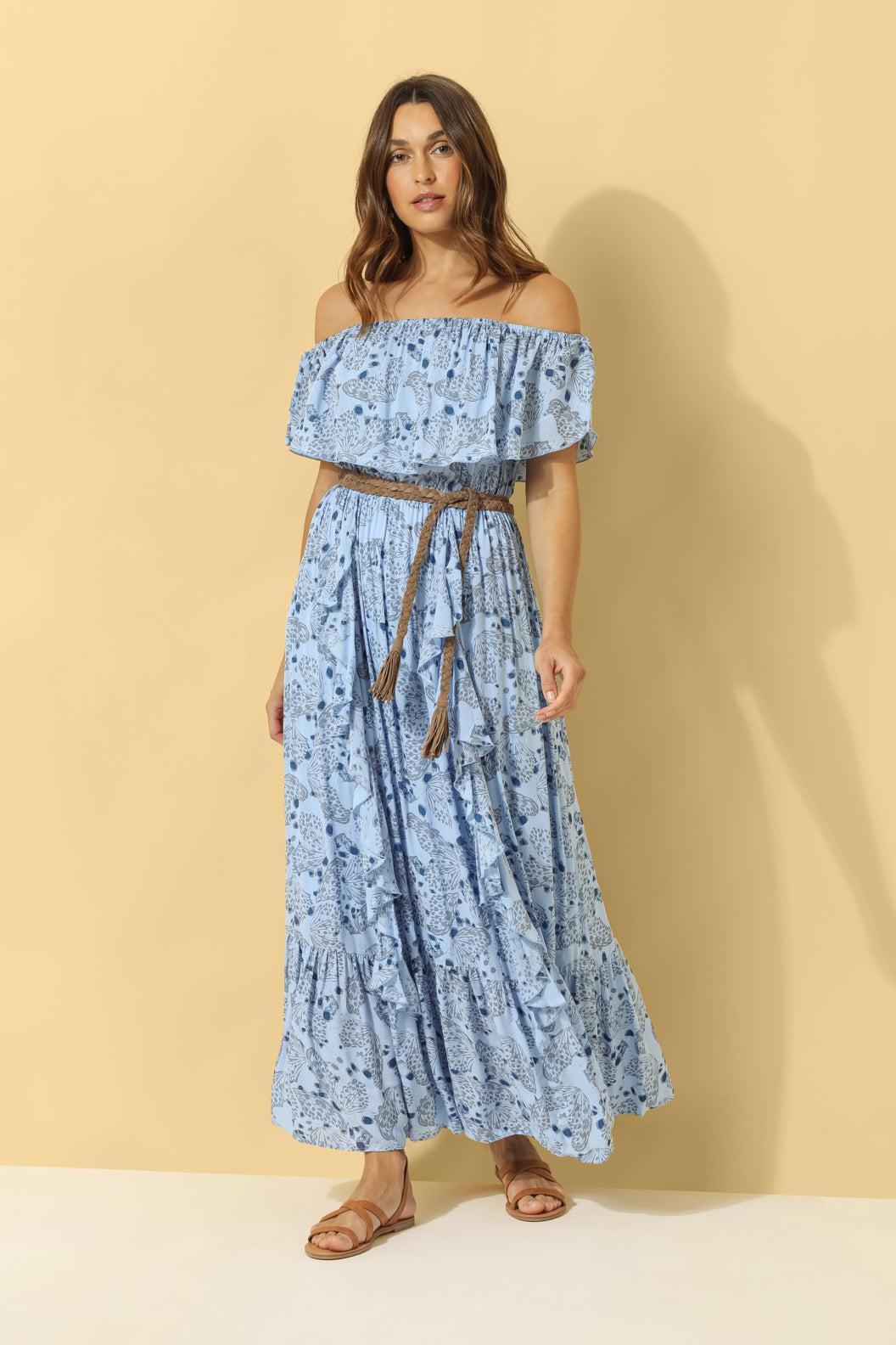 Harla off the shoulder maxi frill dress baby blue butterfly print