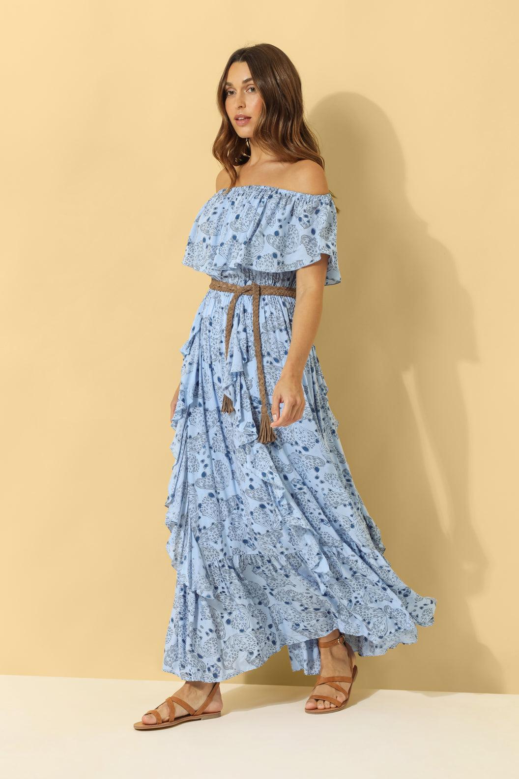 Carmen Frill Maxi Dress ~ Baby Blue Butterfly