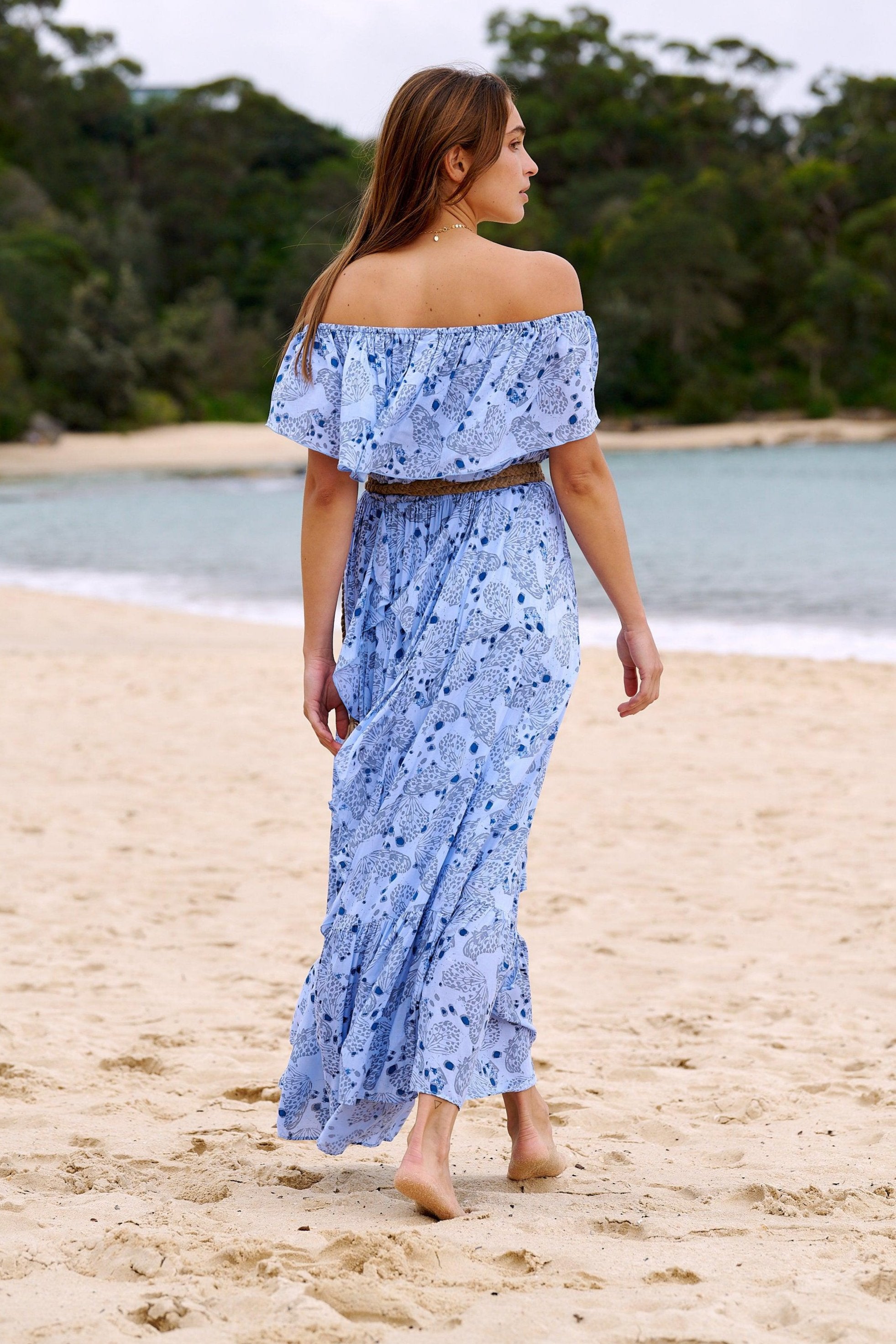 Carmen Frill Maxi Dress ~ Baby Blue Butterfly