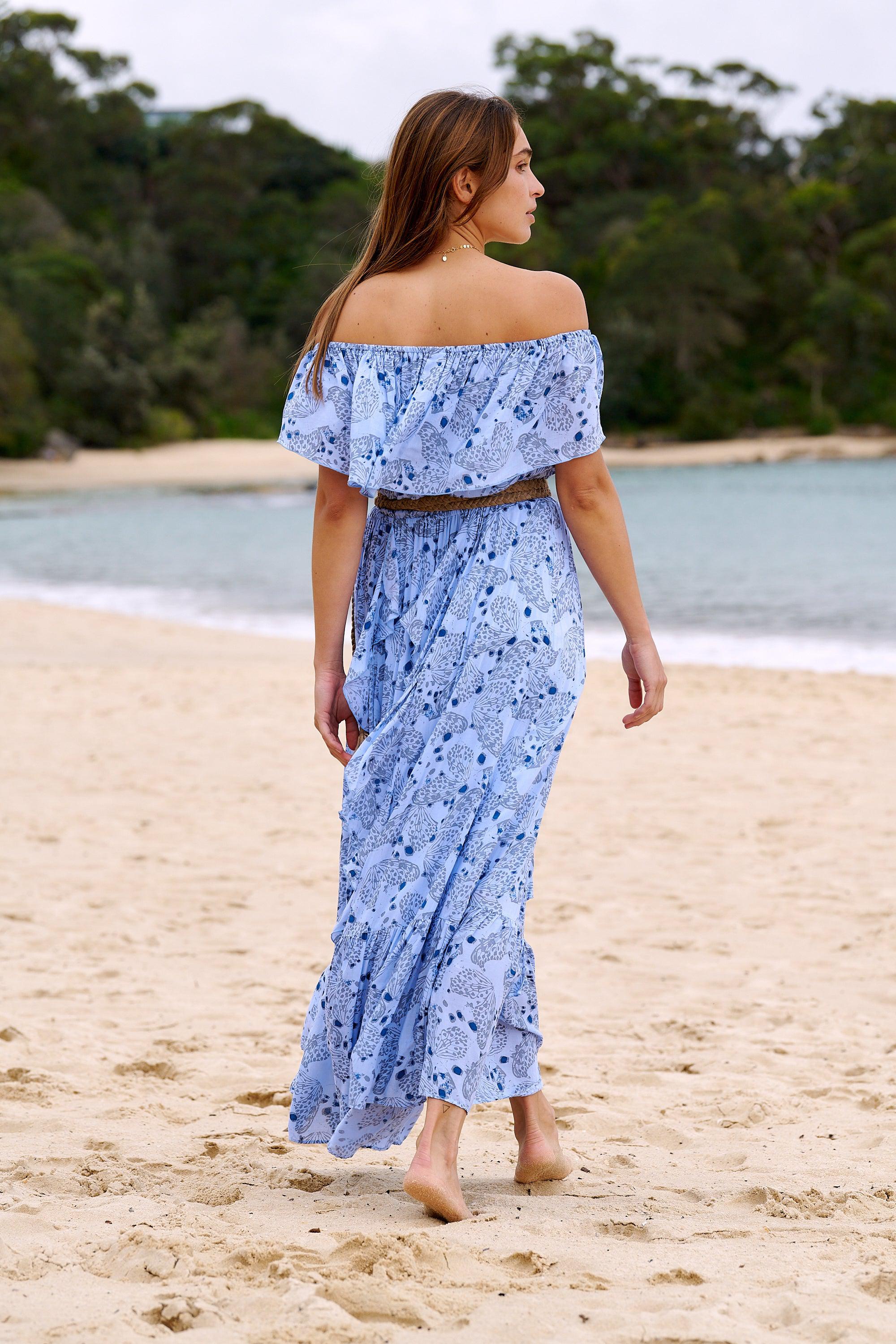 Carmen Frill Maxi Dress ~ Baby Blue Butterfly