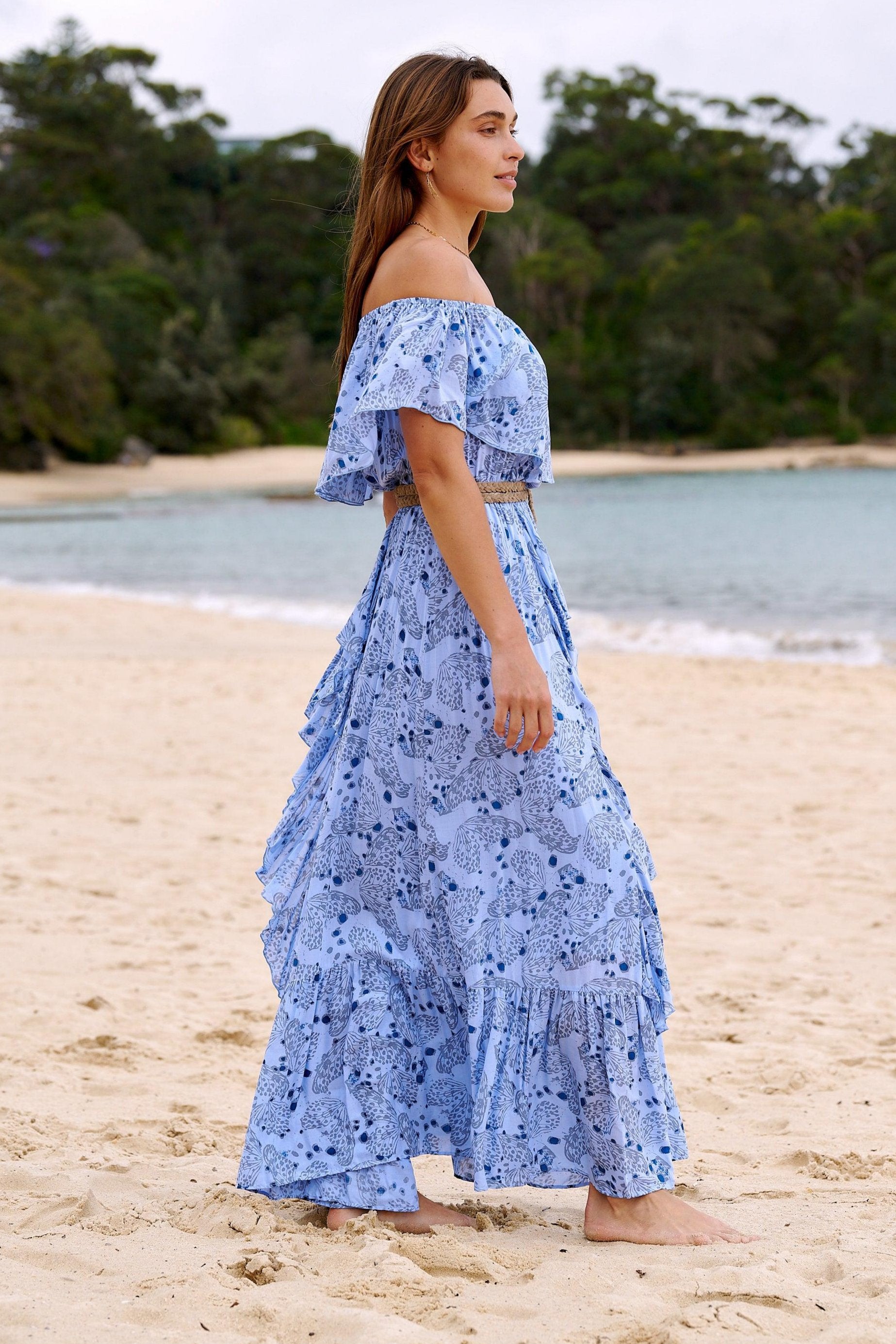 Carmen Frill Maxi Dress ~ Baby Blue Butterfly