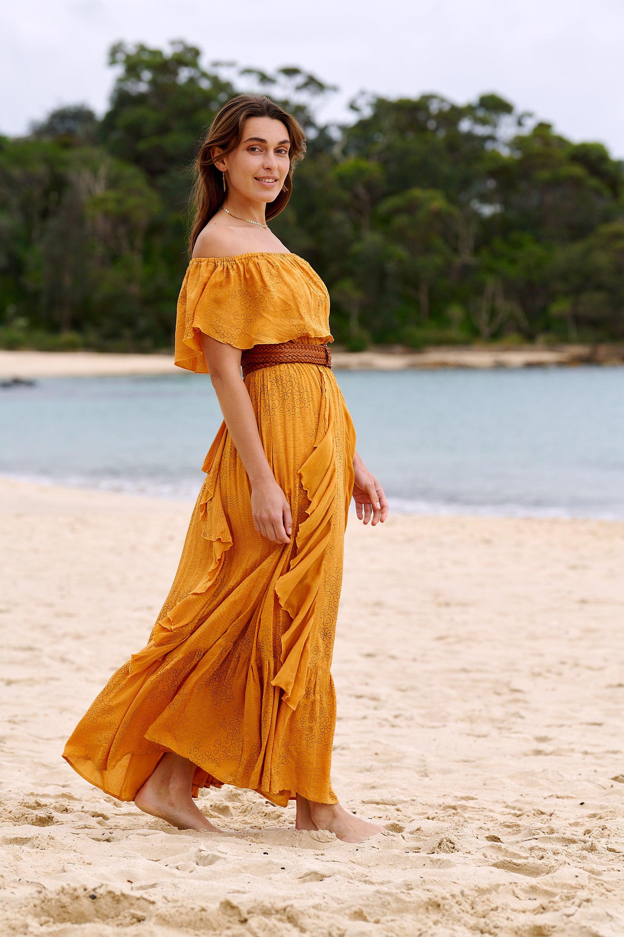 Carmen Frill Maxi Dress ~ Burnt Orange