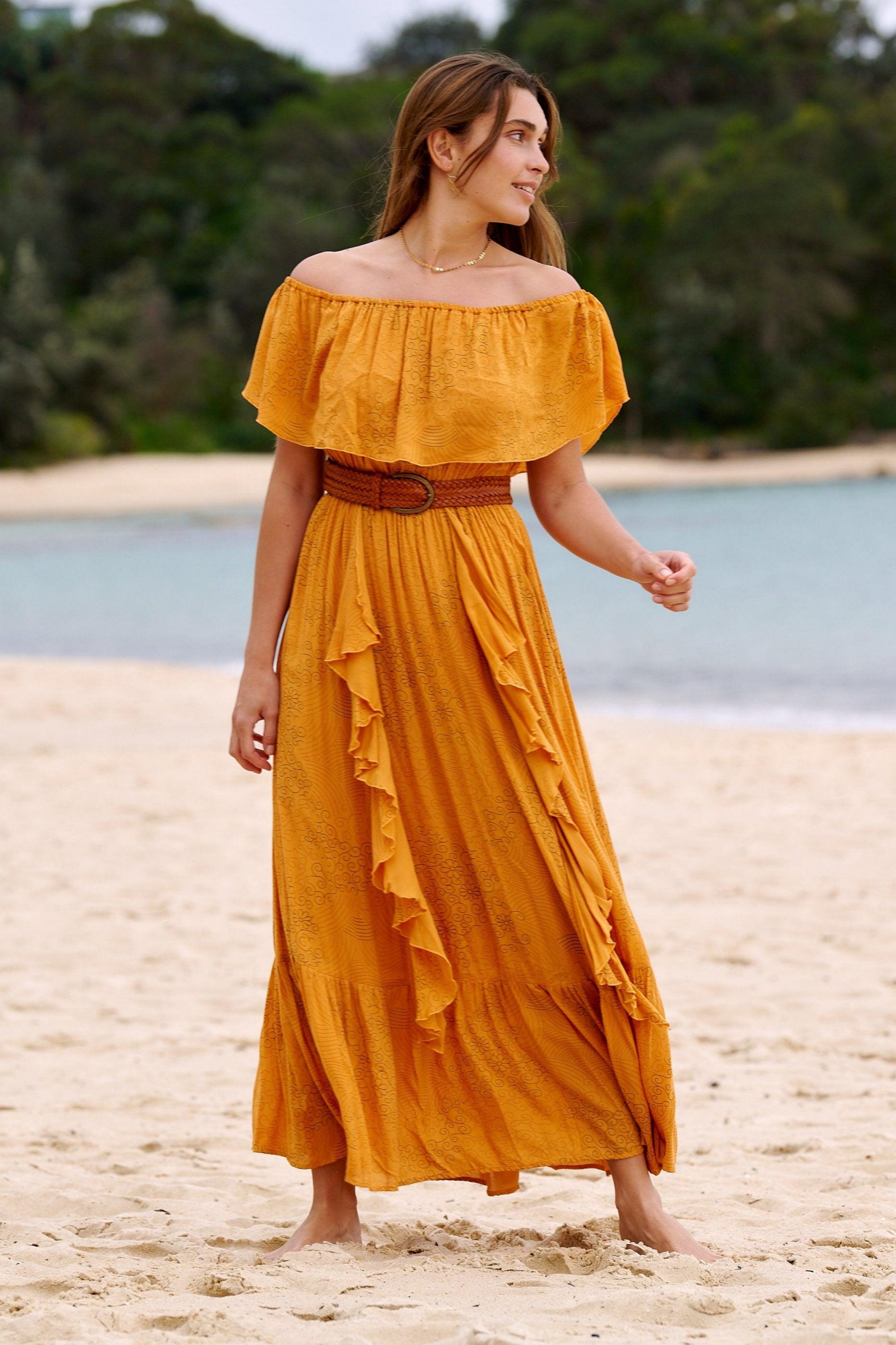 Carmen Frill Maxi Dress ~ Burnt Orange