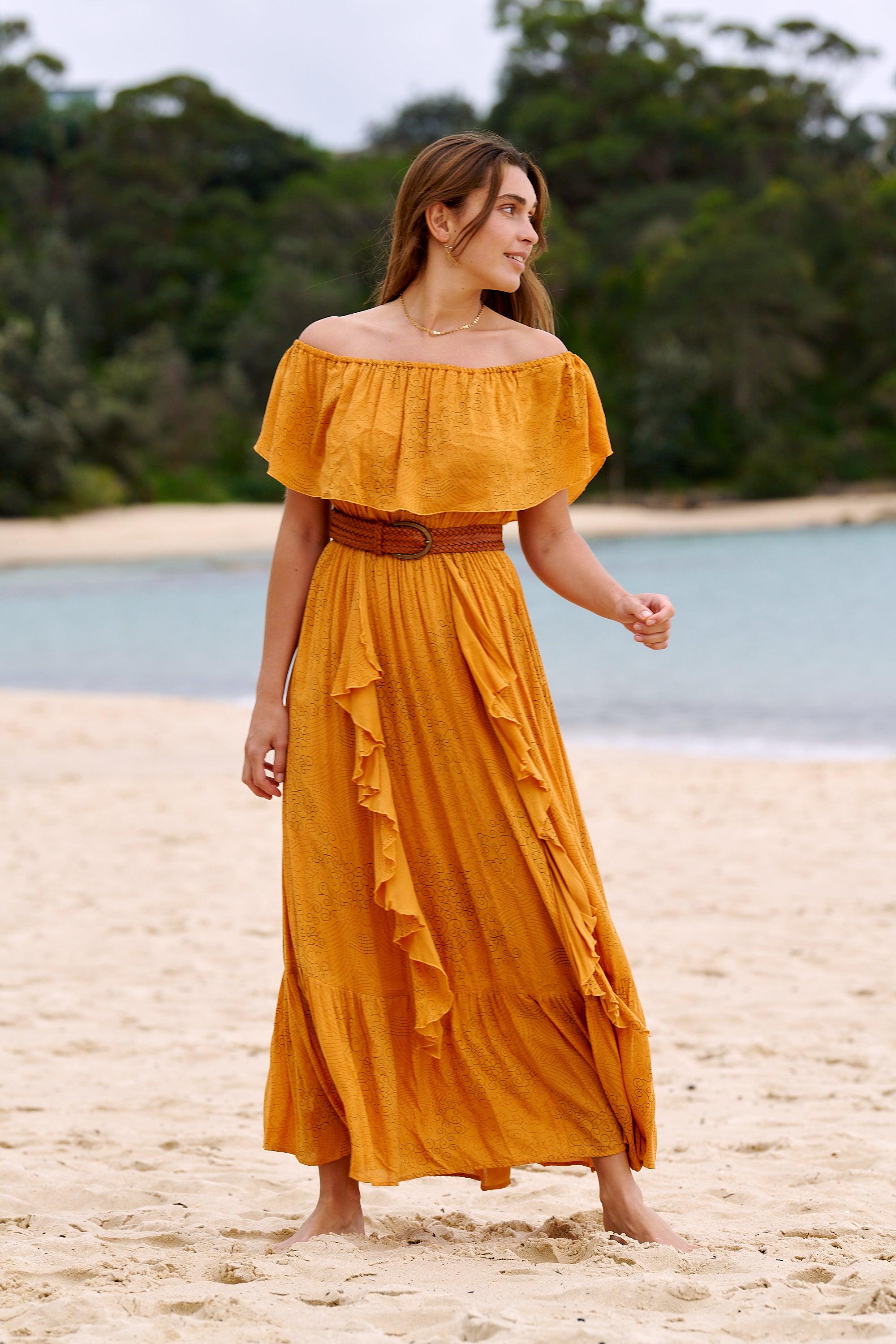 Carmen Frill Maxi Dress ~ Burnt Orange