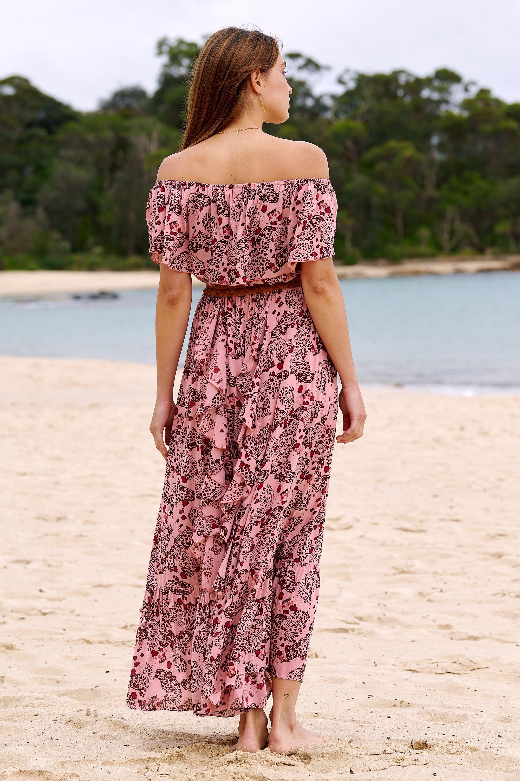 Carmen Frill Maxi Dress ~ Dusty Pink Butterfly