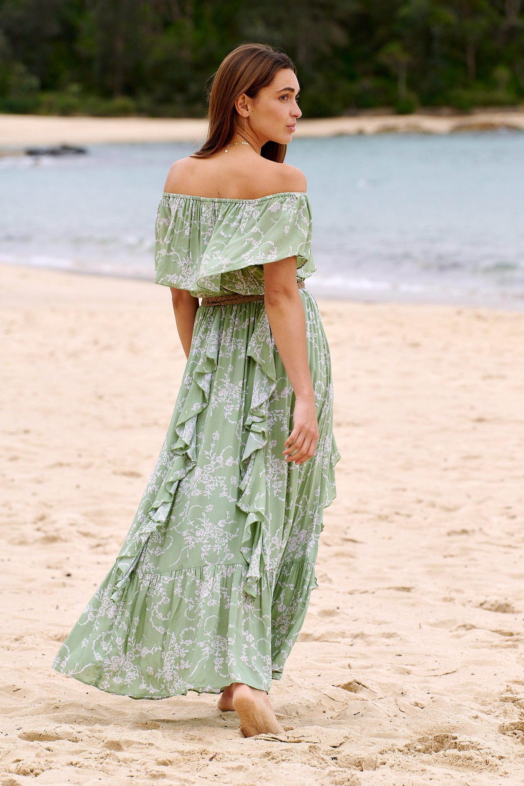 Carmen Frill Maxi Dress ~ Sage Floral