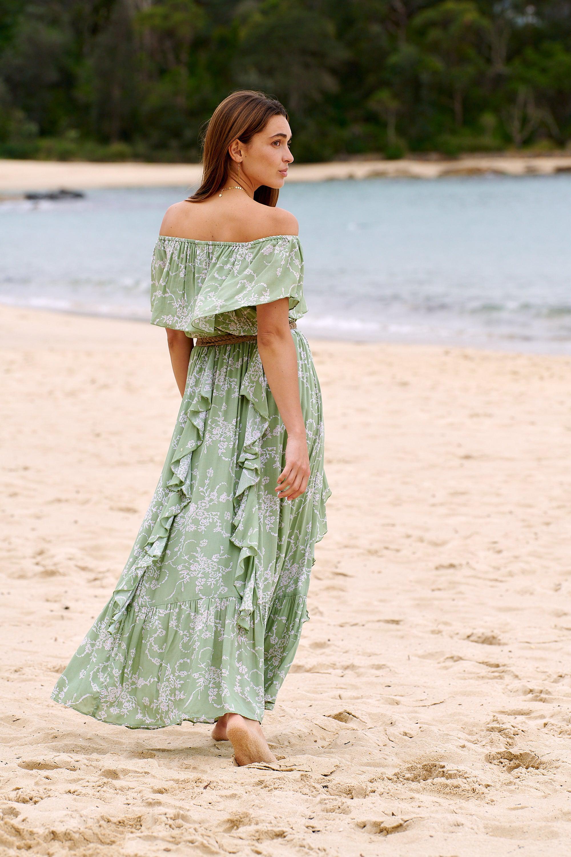 Carmen Frill Maxi Dress ~ Sage Floral