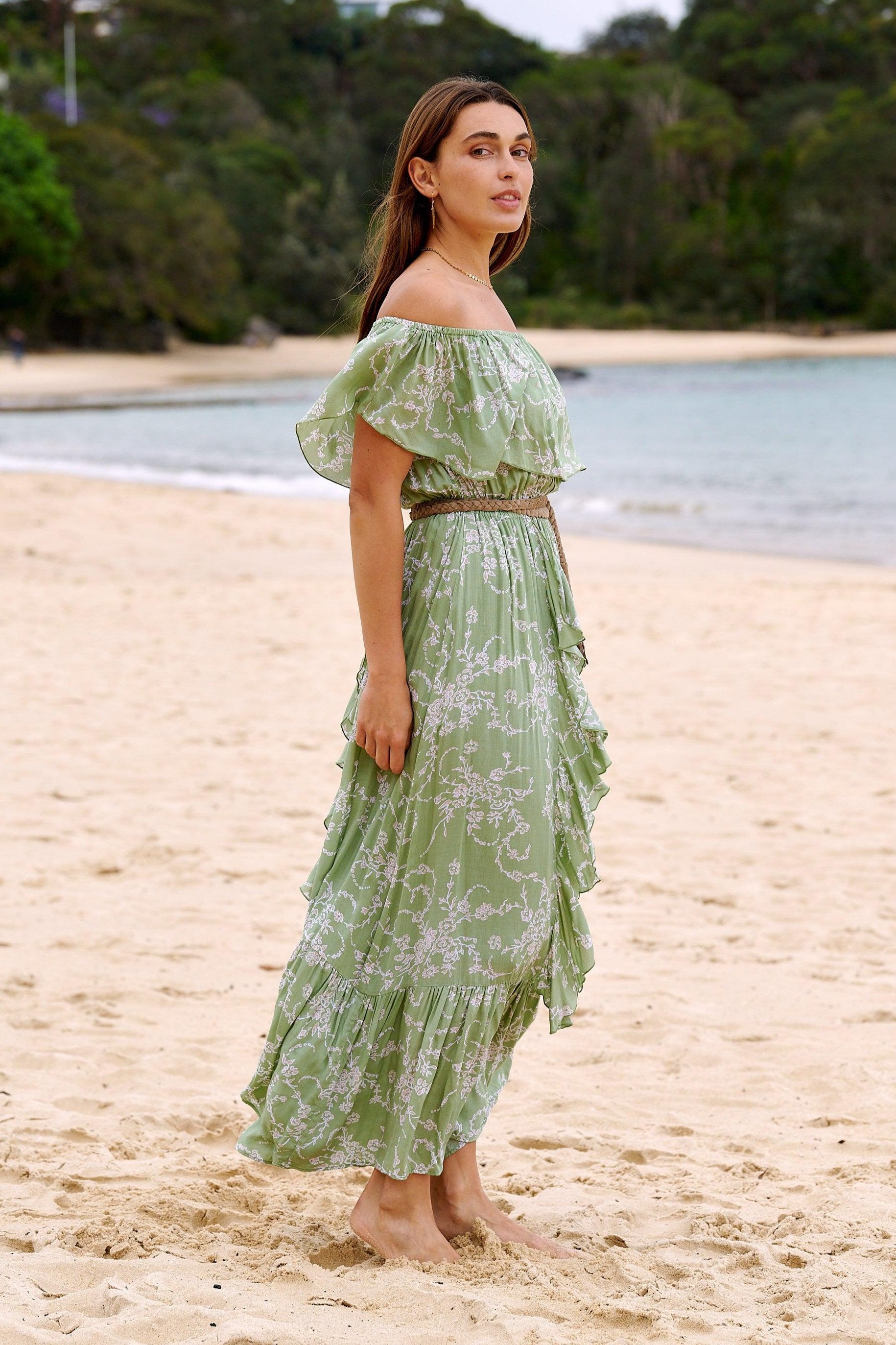 Carmen Frill Maxi Dress ~ Sage Floral