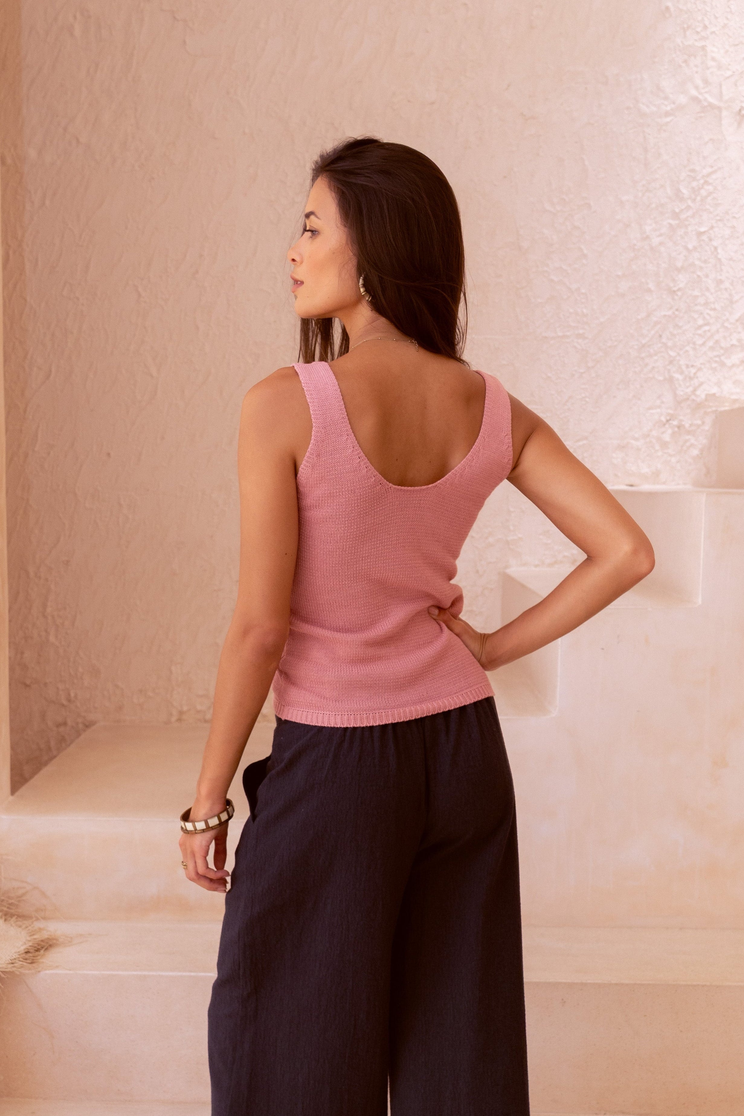 Harla cotton and linen trousers with black with pink rose 100% cotton knit tank top 