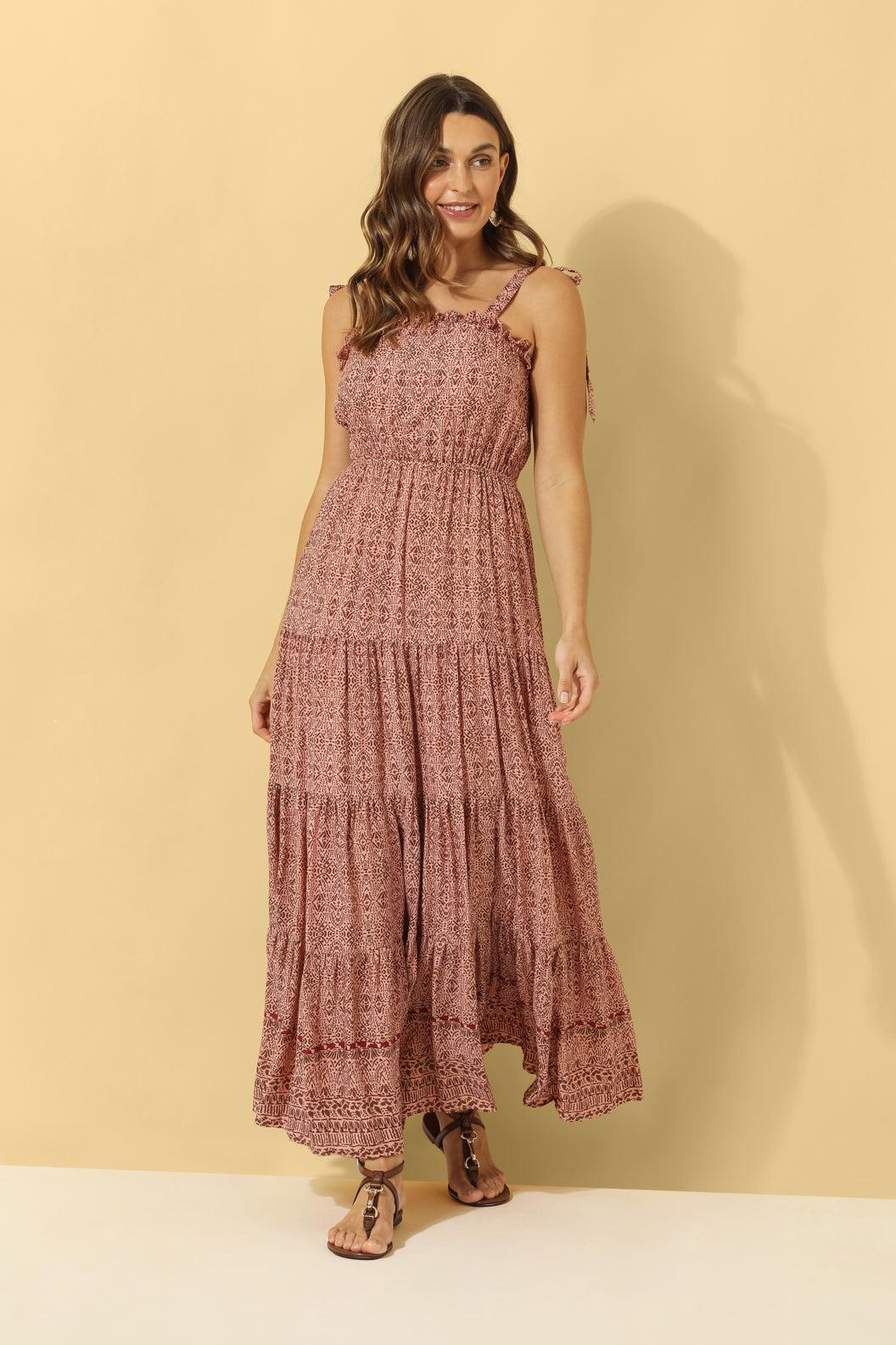 Harla maxi tiered panel dress coral and mocha print