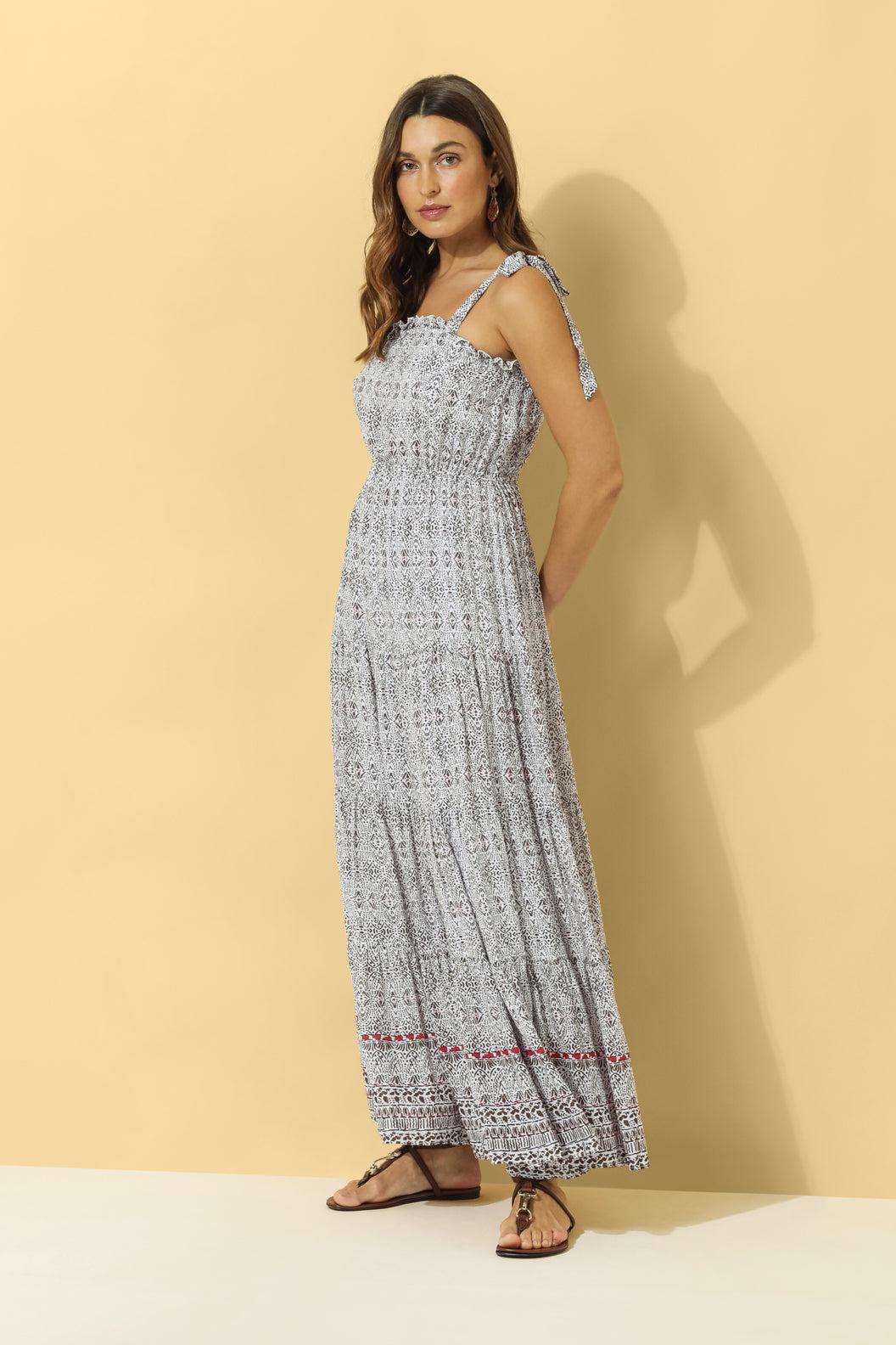 Florence Tiered Maxi Dress ~ White & Mocha