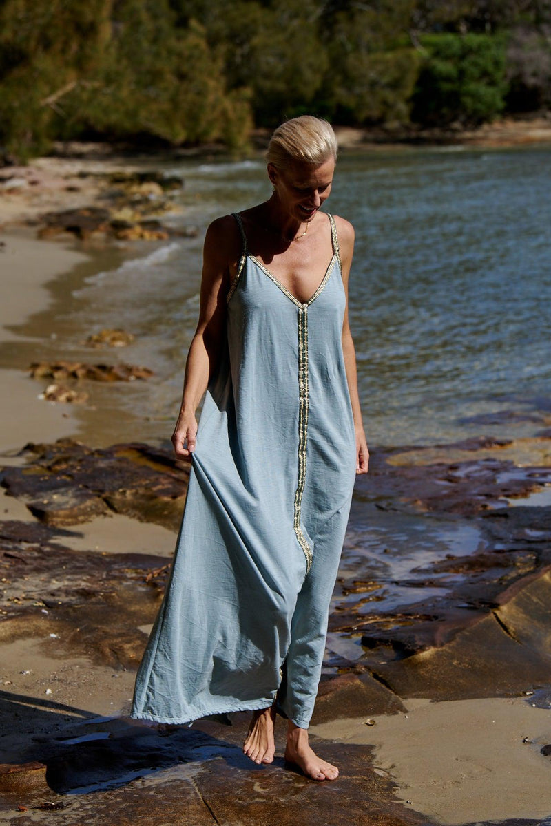 Tess 100% Cotton Singlet Maxi Dress ~ Ice Blue with Pearl Trim
