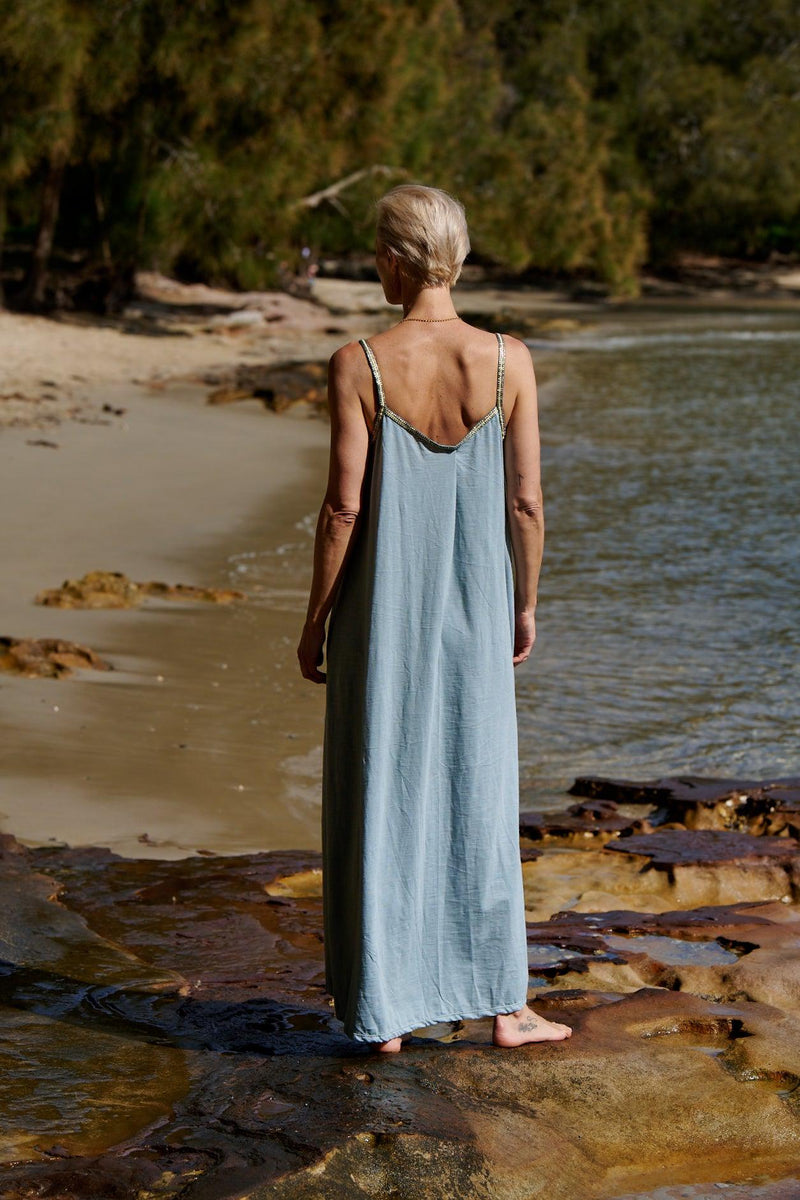 Tess 100% Cotton Singlet Maxi Dress ~ Ice Blue with Pearl Trim