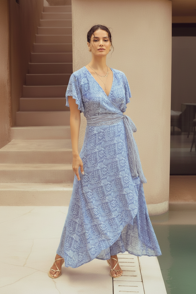 Isabel Maxi Wrap Dress ~ Powder Blue