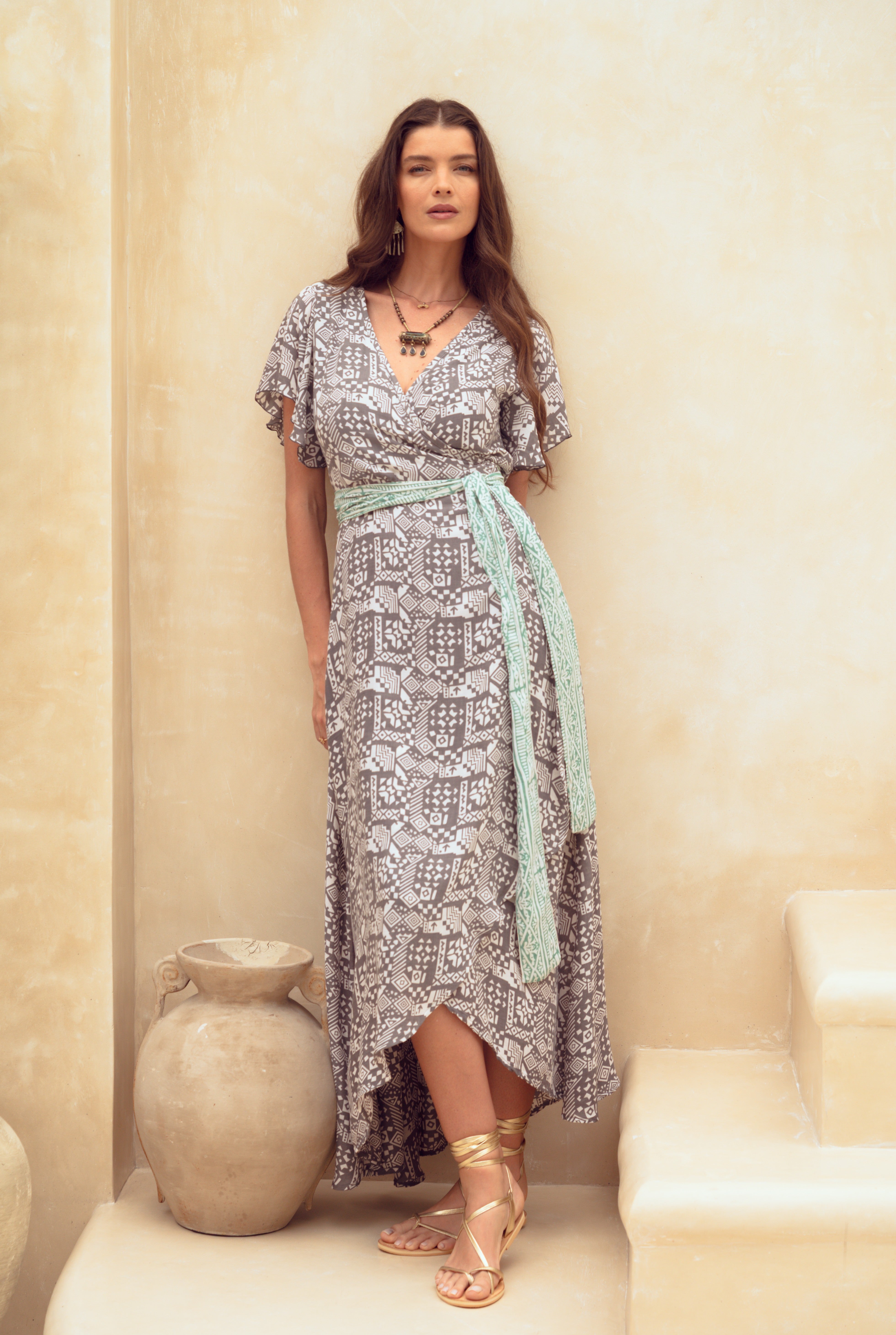 Isabel Maxi Wrap Dress ~ Powder Grey