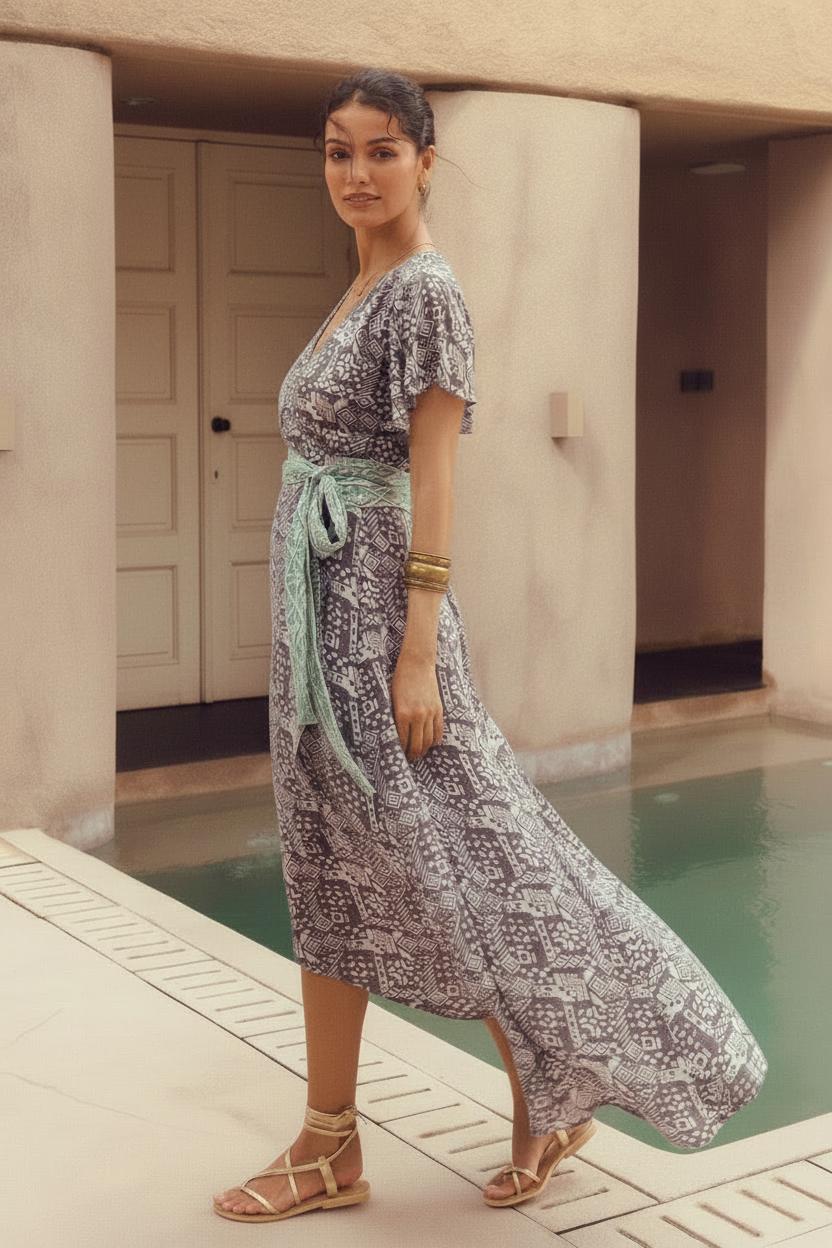 Isabel Maxi Wrap Dress ~ Powder Grey