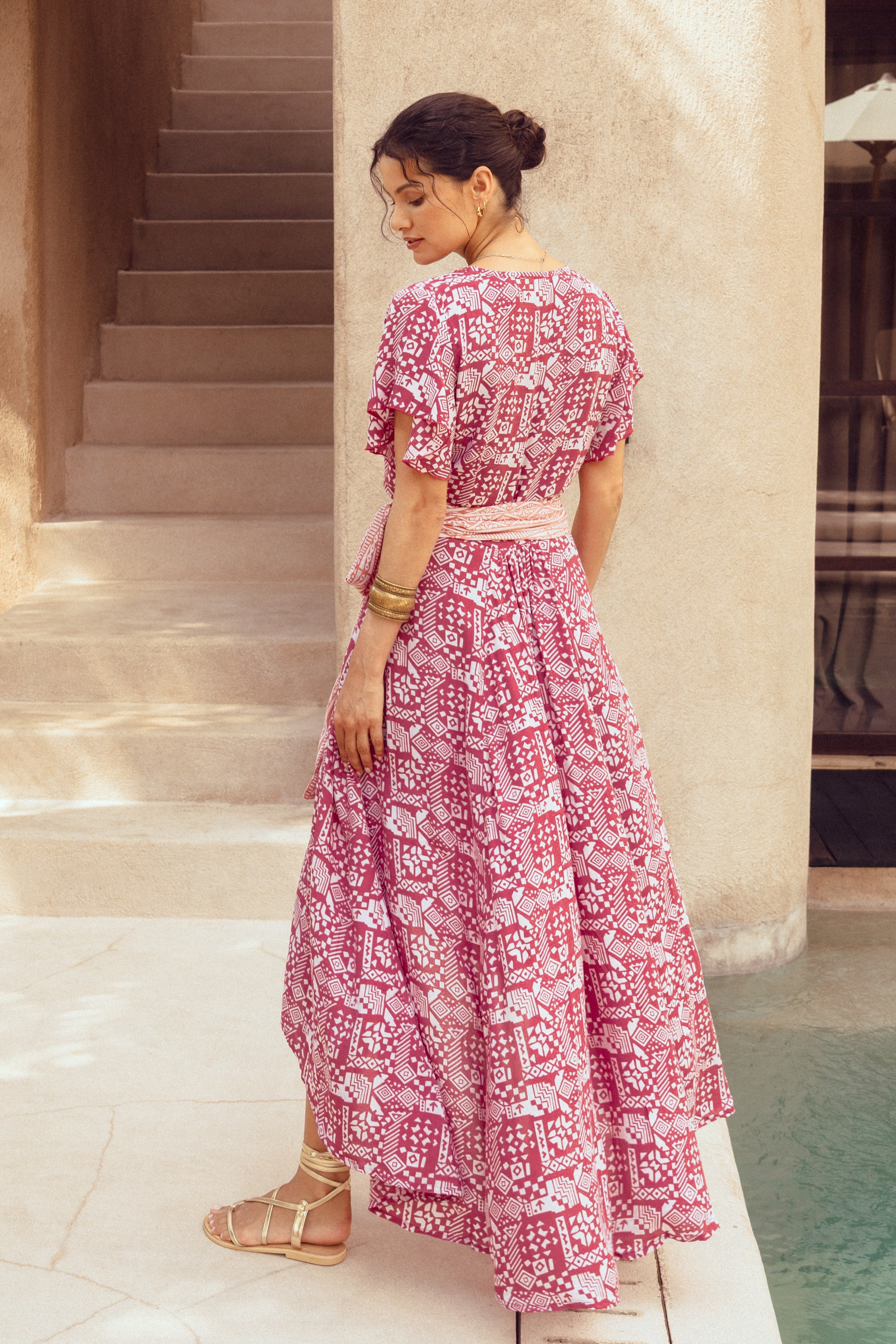 Harla dusty rose maxi wrap dress with pink sash belt