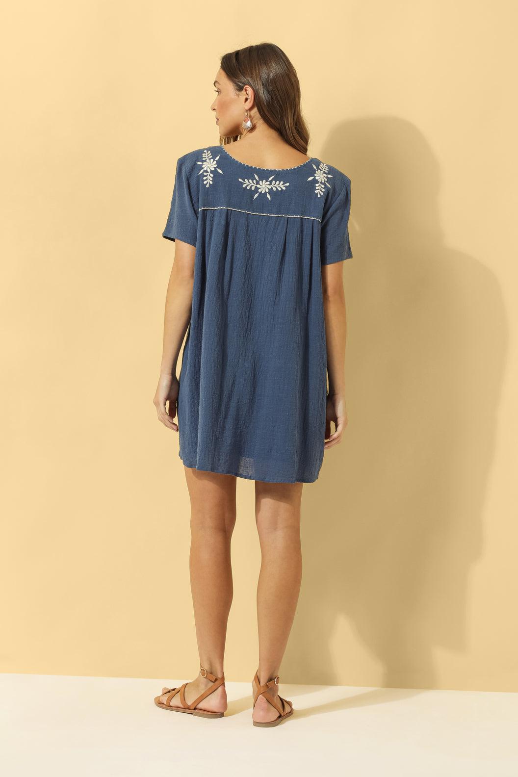 Lia Embroidered Cotton Shift ~ Navy