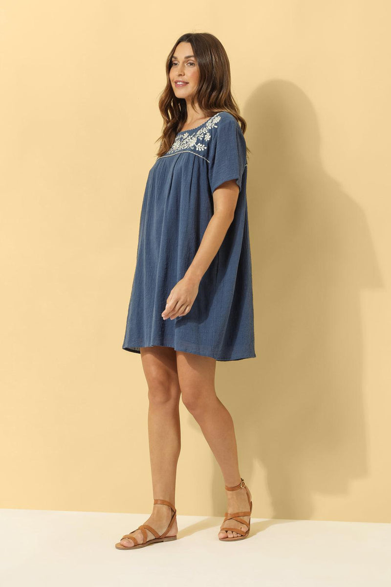 Lia Embroidered Cotton Shift ~ Navy