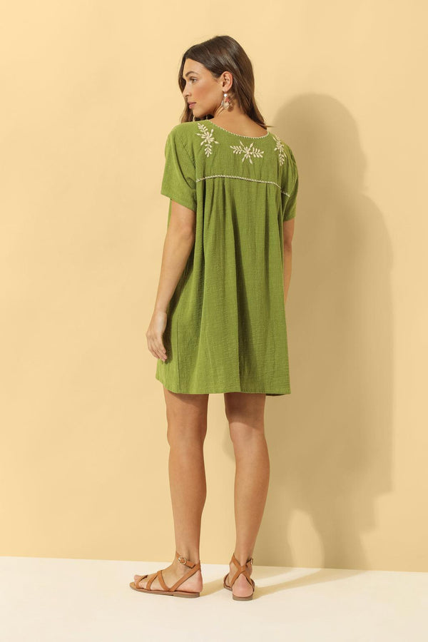 Lia Embroidered Cotton Shift ~ Olive Green