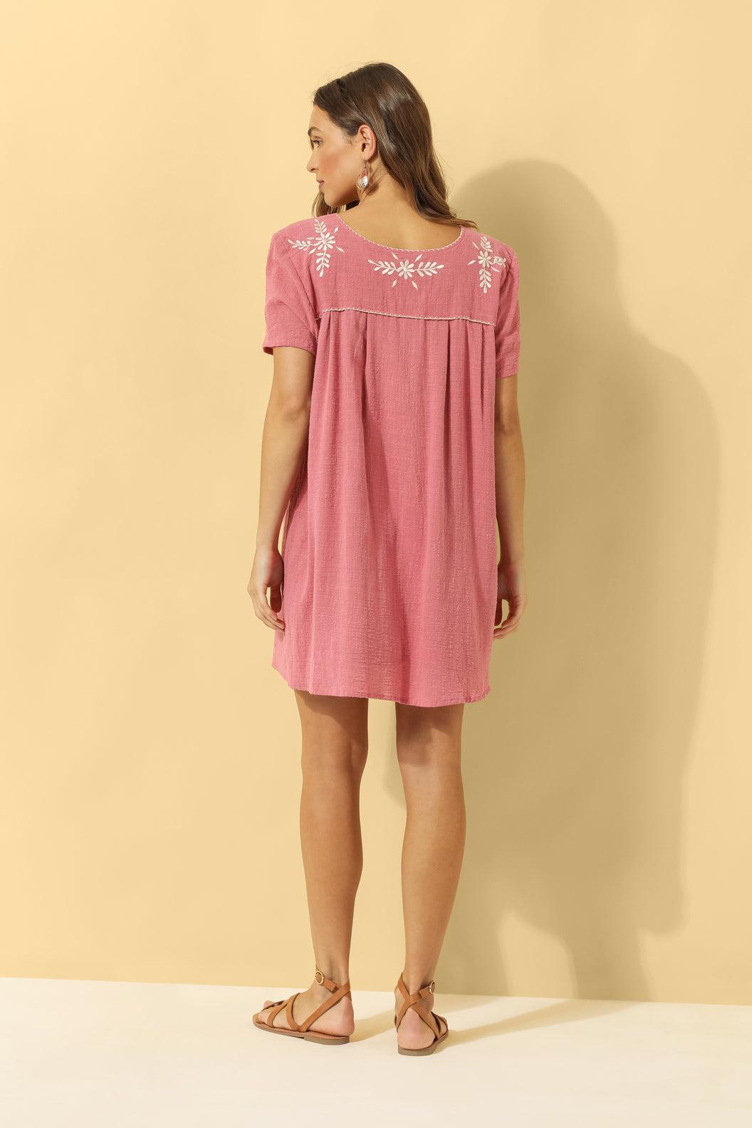 Lia Embroidered Cotton Shift ~ Rose Pink