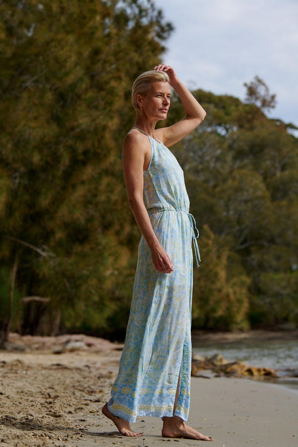 Lyla Drawstring Halterneck Dress ~ Aqua Batik
