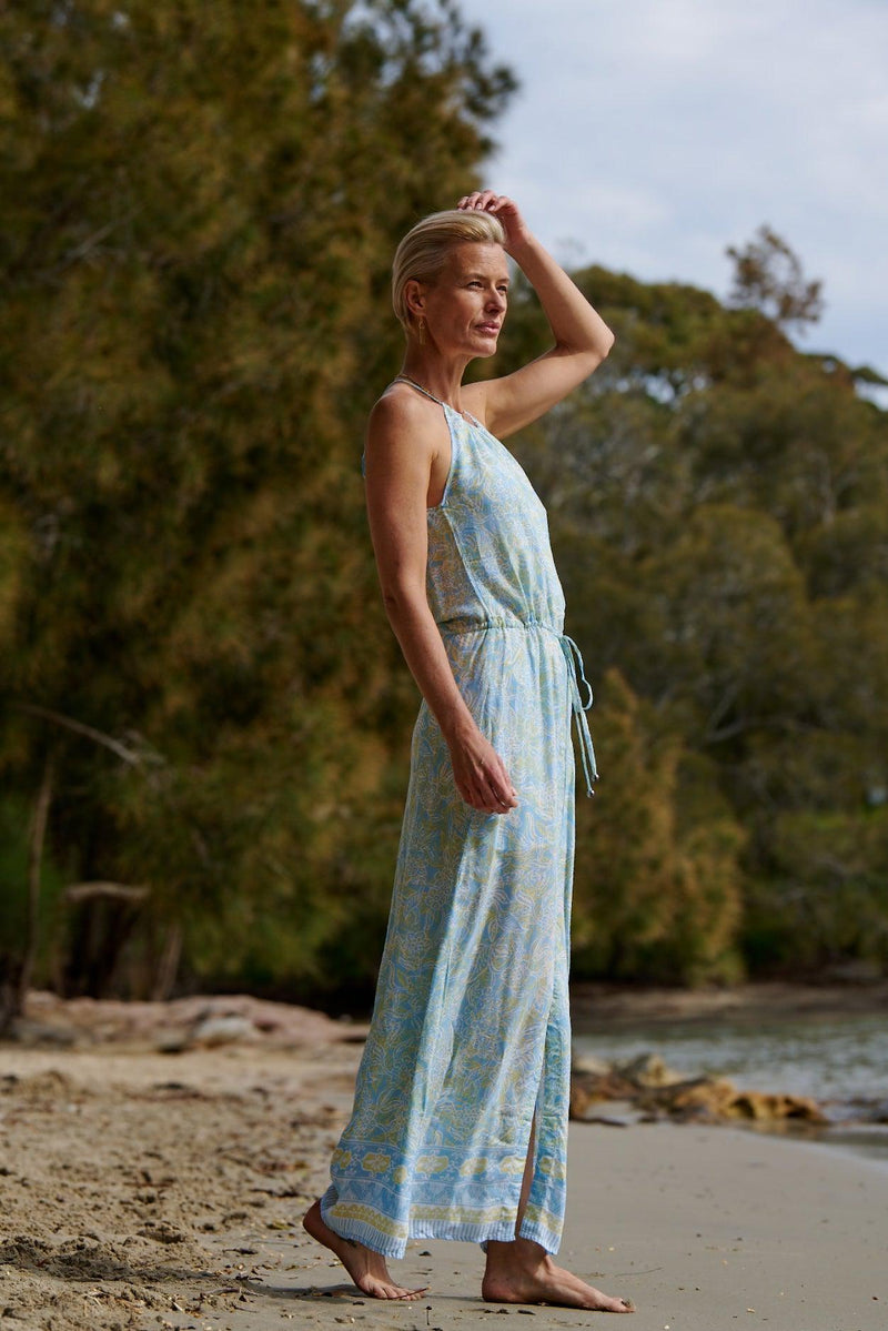 Lyla Drawstring Halterneck Dress ~ Aqua Batik