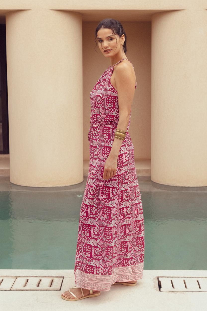Harla Drawstring Maxi Dress in ruby red with soft pink detail print
