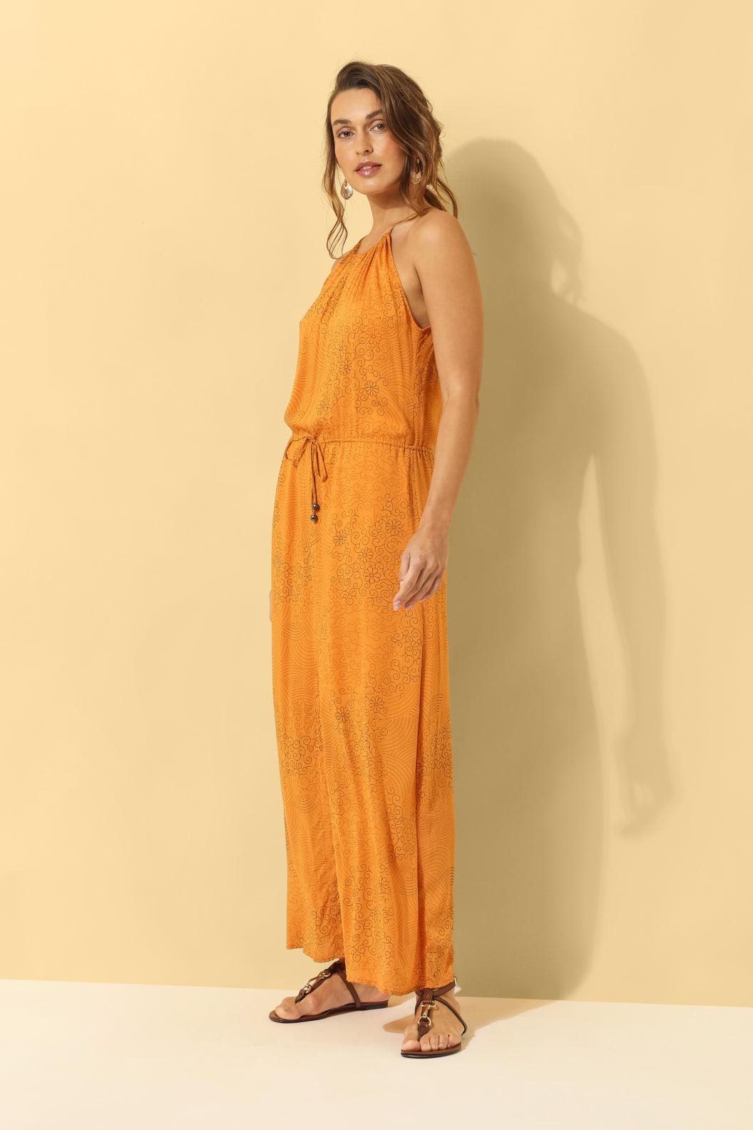 Lyla Drawstring Halterneck Dress ~ Burnt Orange